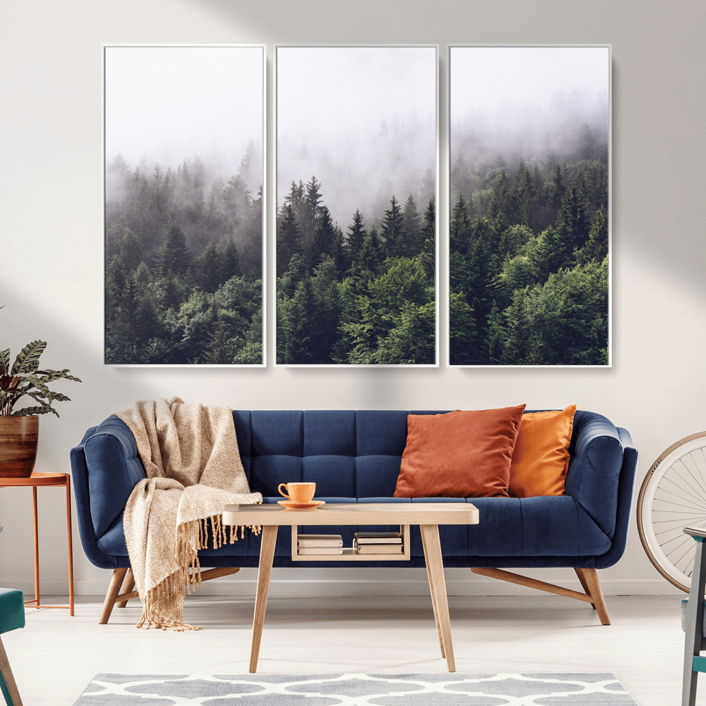 Canvas of dense misty forest in dark green tones, ideal for moody forest or atmospheric woodland-themed home decor.