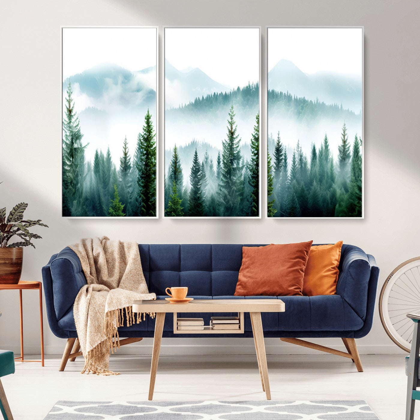 Canvas of pine forest and misty mountain layers in cool tones, perfect for moody forest or serene nature-inspired home decor.
