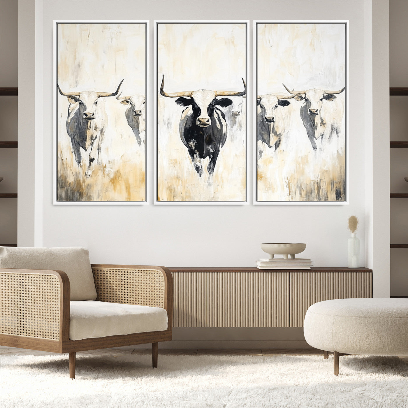 40397799-MGV-FC-48X32-3P-Texas Longhorn Canvas Print, Framed Rustic Herd Art Picture Print, Western Bull Perfect Neutral Western Decor