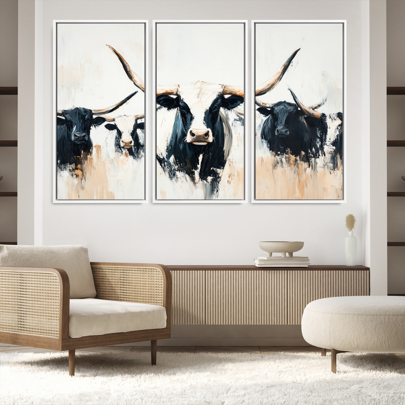 94780606-MGV-FC-48X32-3P-Texas Longhorn Wall Art Canvas Print, Framed Western Cattle Art Picture Print, Horned Bull Perfect Rustic Western Decor, Western Cattle
