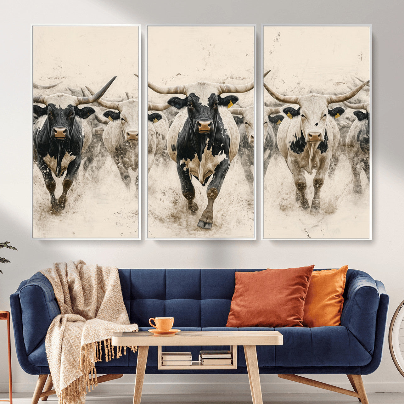 MGV-FC-48X32-3P - Cream Dust Longhorn Wall Art – Canvas Print of Western Herd Stampede, Dynamic Charge, Rustic Prairie Motion, Bold Nature Farm Decor