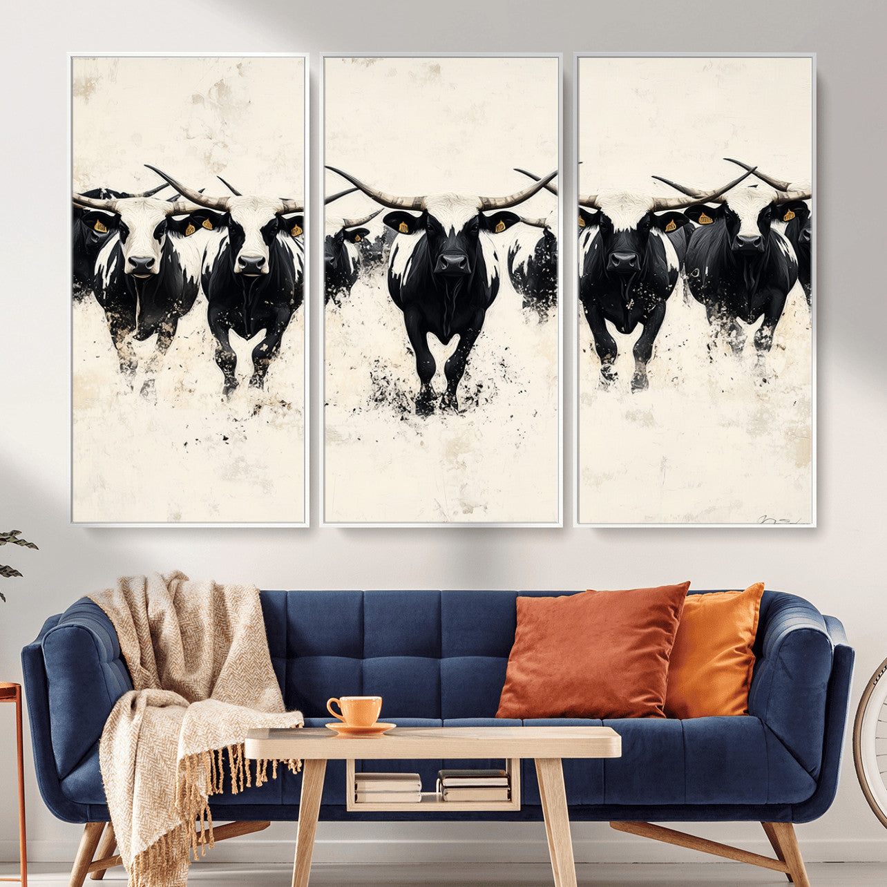 MGV-FC-48X32-3P - Longhorn Cattle Wall Art – Canvas Print of Herd in Motion, Symmetry and Ink Splatter, Minimalist Western Ranch, Bold Rustic Farm Decor