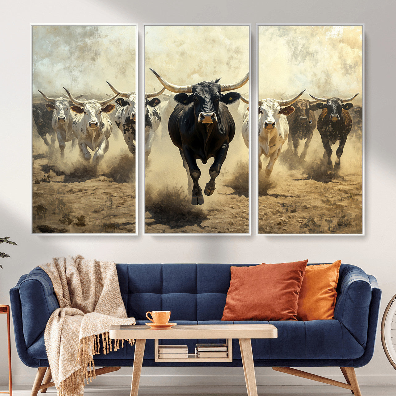 MGV-FC-48X32-3P - Running Cattle Wall Art – Canvas Print of Western Herd, Dust Stampede, Longhorns, Wild West Ranch, Bold Rustic Farm Decor for Home or Office