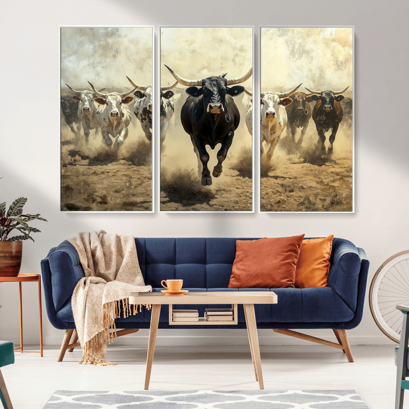 Dynamic canvas showing a Texas Longhorn stampede with earthy tones and bold movement, perfect for rustic or Western-style interiors.