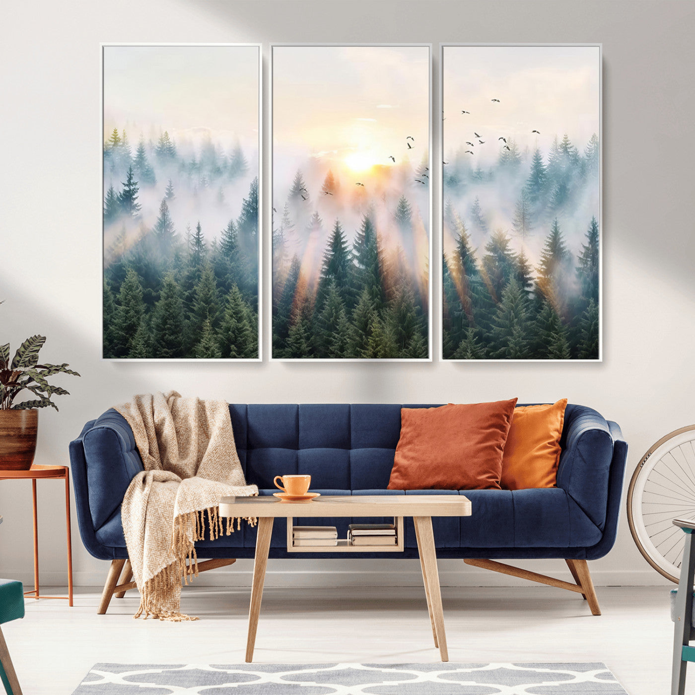 MGV-FC-48X32-3P - Misty Pine Forest Wall Art Canvas, Sunrise Over Foggy Trees Canvas for Home - Office, Framed