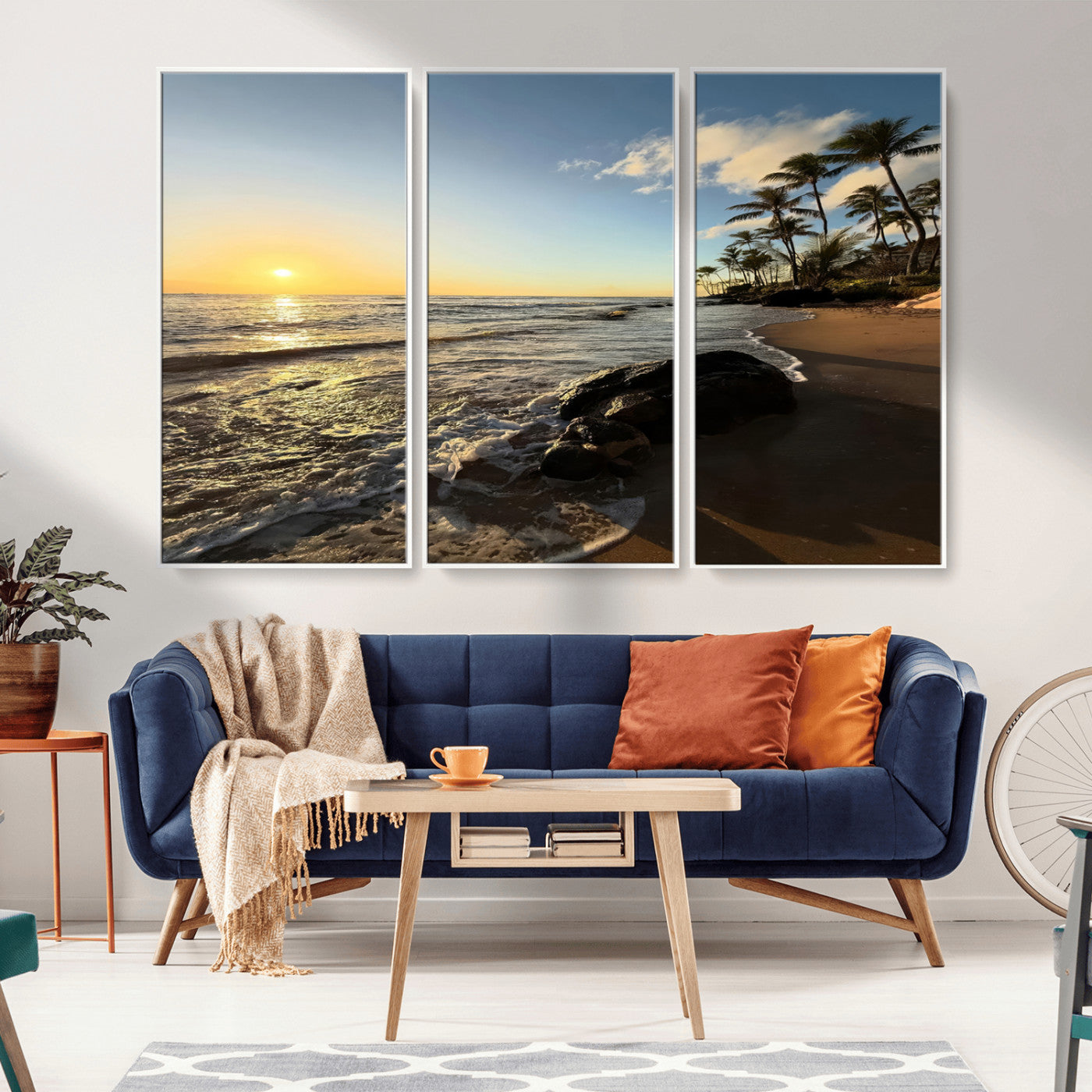 Canvas of a golden sunset on a tropical beach with palm trees and calm waves, perfect for coastal or island-themed home decor.