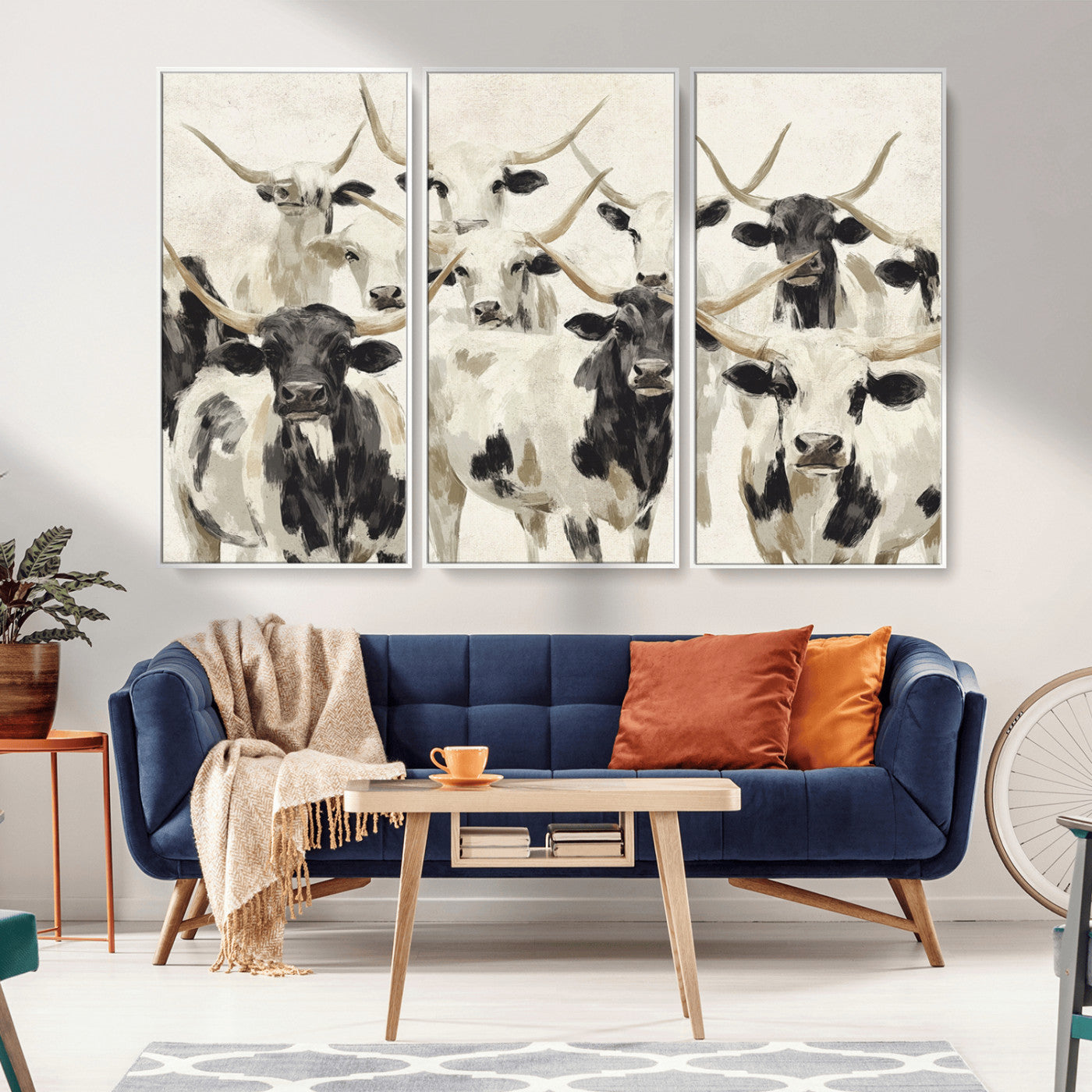 MGV-FC-48X32-3P - Longhorn Texas Cow Drawing Abstract Wall Art Canvas Print for Farmhouse Decor, Texas Bull Printing