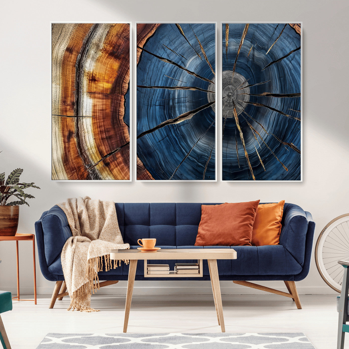 MGV-FC-48X32-3P - Framed Abstract Tree Ring Wall Art Print, Natural Rustic Wood Texture Canvas Print, Wood Tree Stump