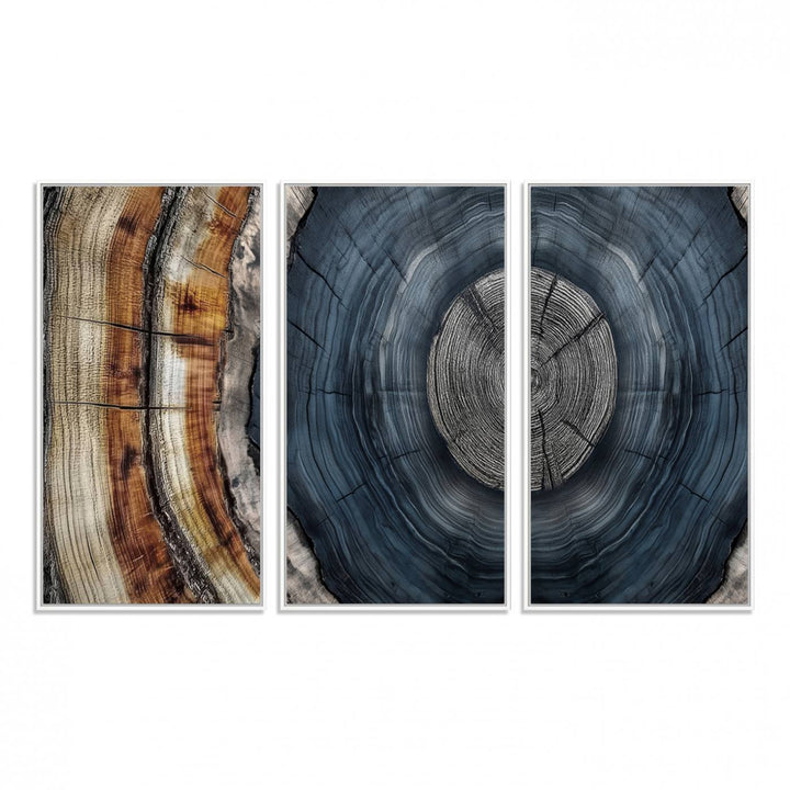 Close-up of the Abstract Tree Rings Wall Art Print featuring shades of blue, brown, and gray.