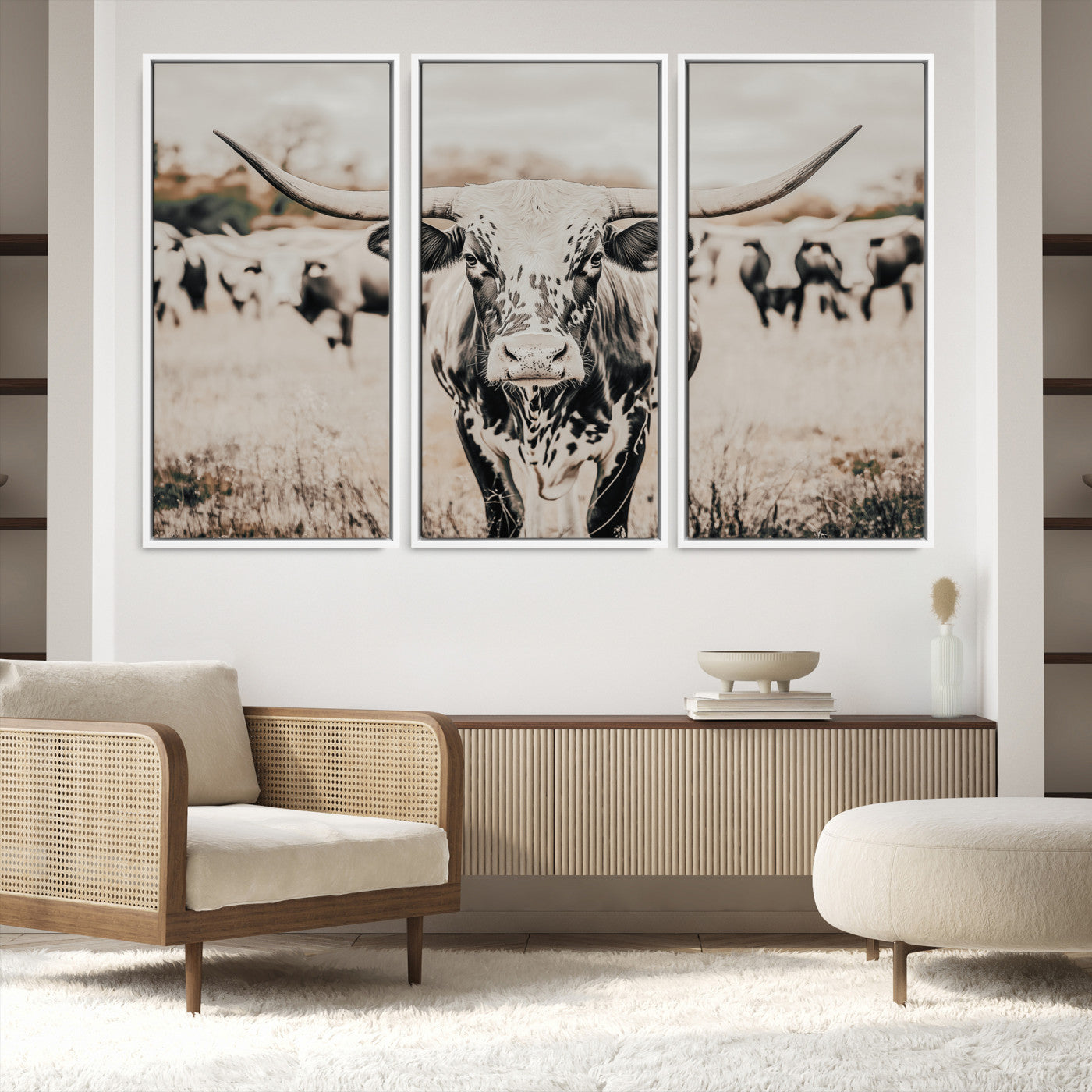 27497342-MGV-FC-48X32-3P_White-Texas Longhorn Wall Art Canvas Print, Framed Speckled Cow Art Picture Print, Horned Cattle Perfect Rustic Western Decor Artwork
