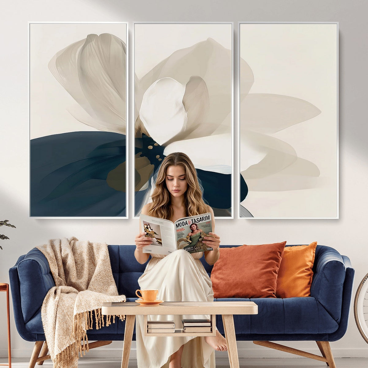 42188901-MGV-CV-24X16 - Minimal Flower Wall Art Canvas Print | Framed Beige and Navy Bloom