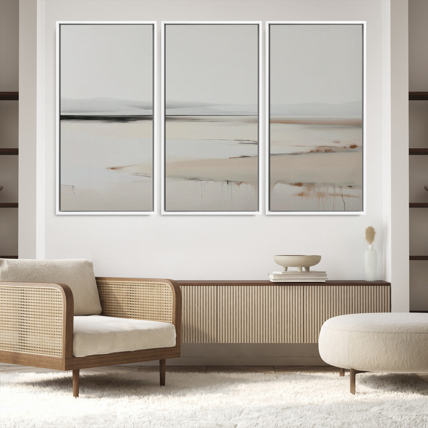 89410095-MGV-FC-48X32-3P_White-Minimalist Landscape Wall Art Canvas Print, Framed Soft Horizon Art Picture Print, Abstract Seascape Perfect Minimalist Earthy Decor, Framed