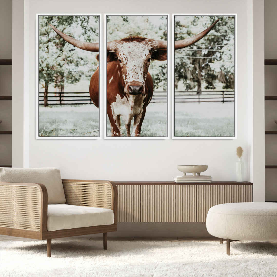 Texas Longhorn Wall Art Canvas Print, Framed Spotted Cow Art Picture Print, Horned Cattle Perfect Rustic Western Decor, Framed Horned Cattle Print