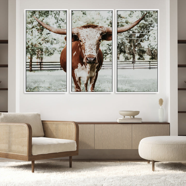 Texas Longhorn Wall Art Canvas Print, Framed Spotted Cow Art Picture Print, Horned Cattle Perfect Rustic Western Decor, Framed Horned Cattle Print