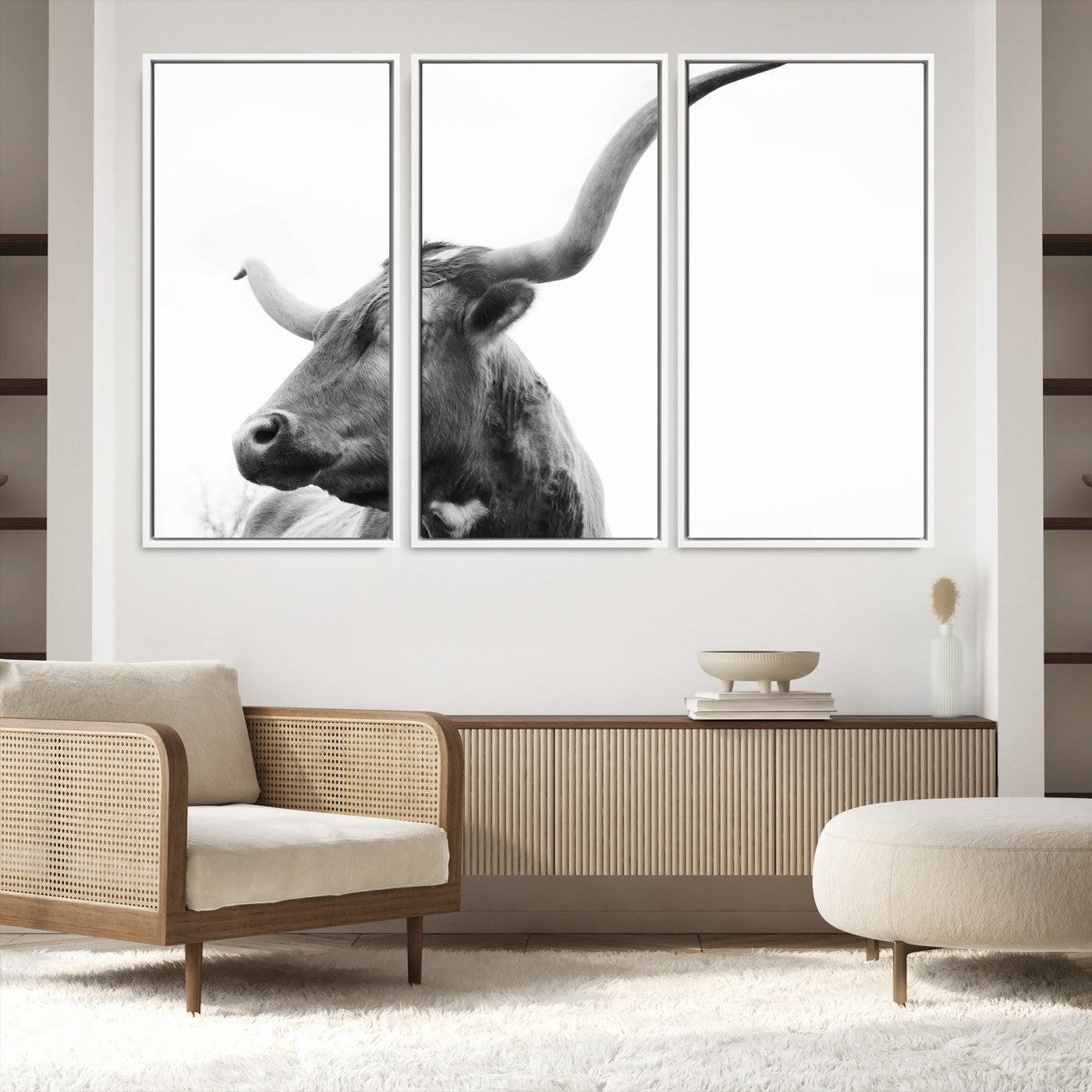 64392617-MGV-FC-48X32-3P_White-Longhorn Wall Art Wall Art Canvas Print, Framed Modern Ranch Style Art Art Picture Print, Monochrome Cow Print Perfect Rustic Western Decor