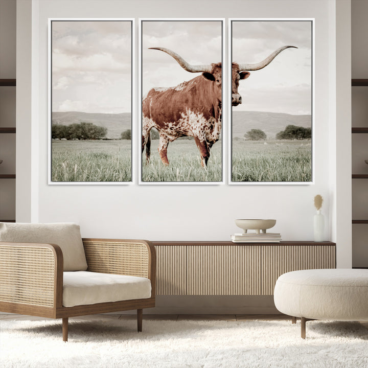 Texas Longhorn Wall Art Canvas Print, Framed Spotted Cattle Art Picture Print, Horned Bull Perfect Rustic Western Decor Artwork