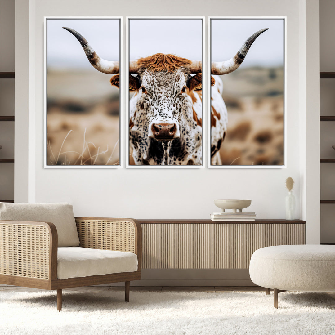 Texas Longhorn Wall Art Canvas Print, Framed Spotted Cow Art Picture Print, Horned Cattle Perfect Rustic Western Decor Artwork