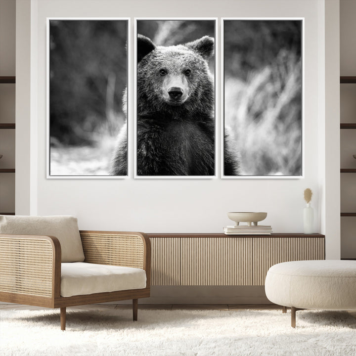 Grizzly Bear Wall Art Canvas Print, Framed Black White Bear Art Picture Print, Wild Bear Perfect Rustic Wildlife Decor
