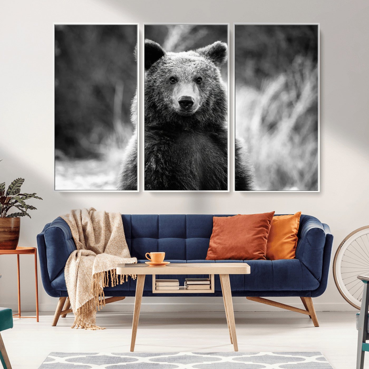 55656803-MGV-CV-36X24-Grizzly Bear Wall Art Canvas Print – Framed Black White Wildlife Rustic Nature Artwork for Home, Office Decor
