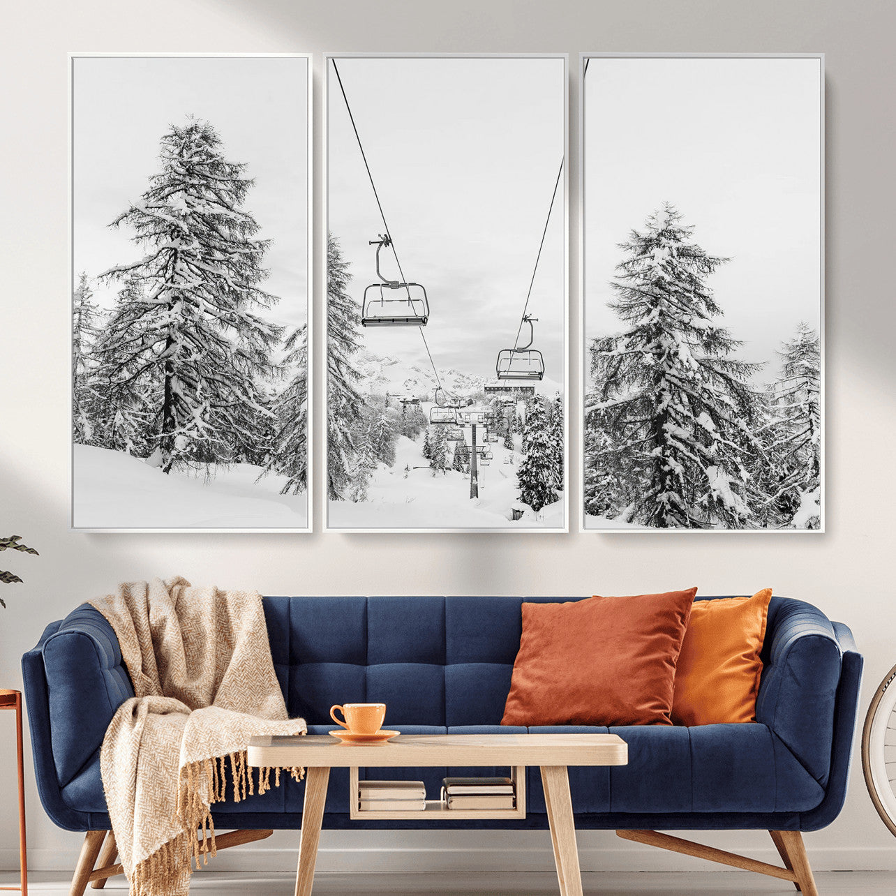 55003599-MGV-CV-36X24 - Snowy Ski Lift Wall Art – Framed Winter Forest Canvas Artwork, Peaceful Mountain Design, Modern Nature Decor for Home, Office