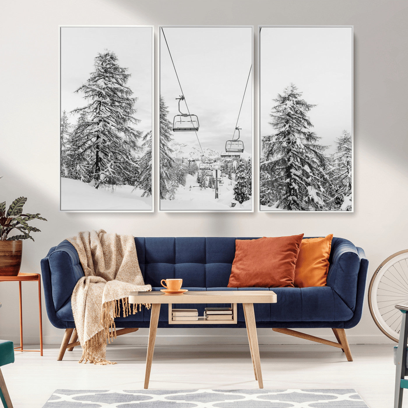 MGV-FC-48X32-3P - Wall Art Canvas Print Winter Chairlift Views Silent Snow-Covered Pines Mountain Calm Serenity Frozen