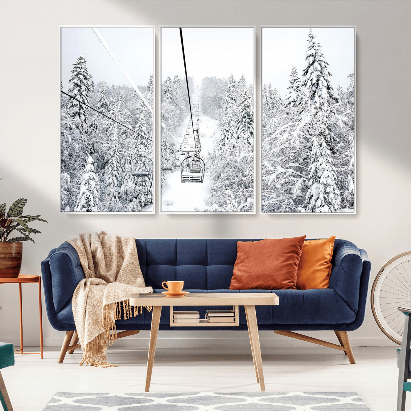 Snowy mountain landscape with a ski lift and snow-covered trees, ideal for winter-themed home decor. Perfect for modern, minimalist interiors.