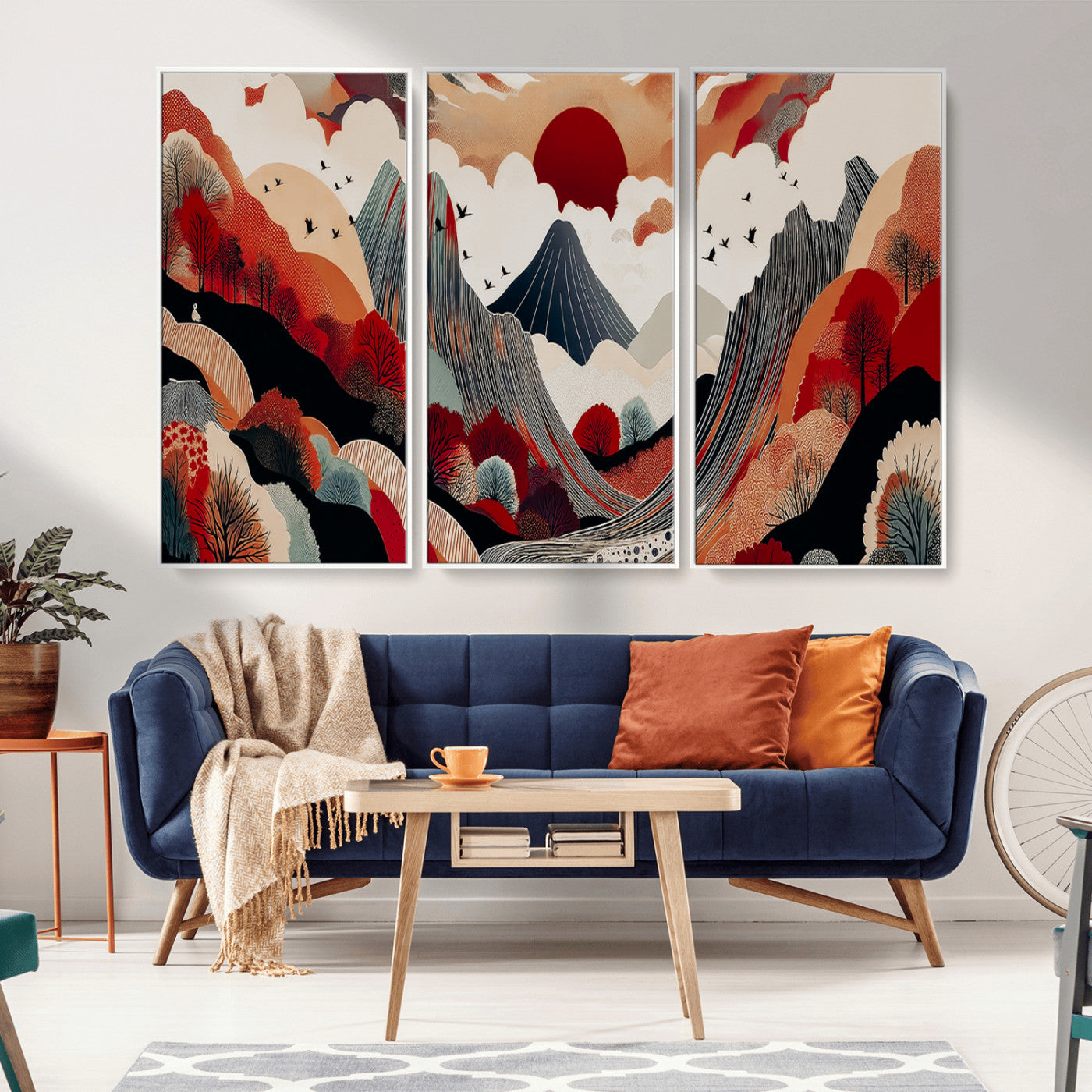 Abstract nature illustration with a red sun, mountains, and vibrant landscapes in graphic style, perfect for contemporary minimalist home decor. Ideal for modern spaces.