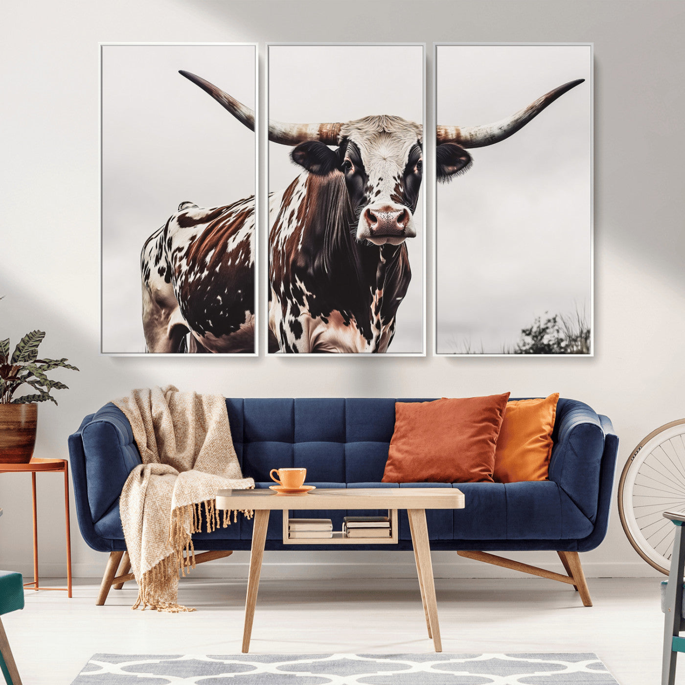 Close-up of a Texas Longhorn bull with powerful horns, perfect for rustic farmhouse or country-themed home decor. Ideal for animal lovers.