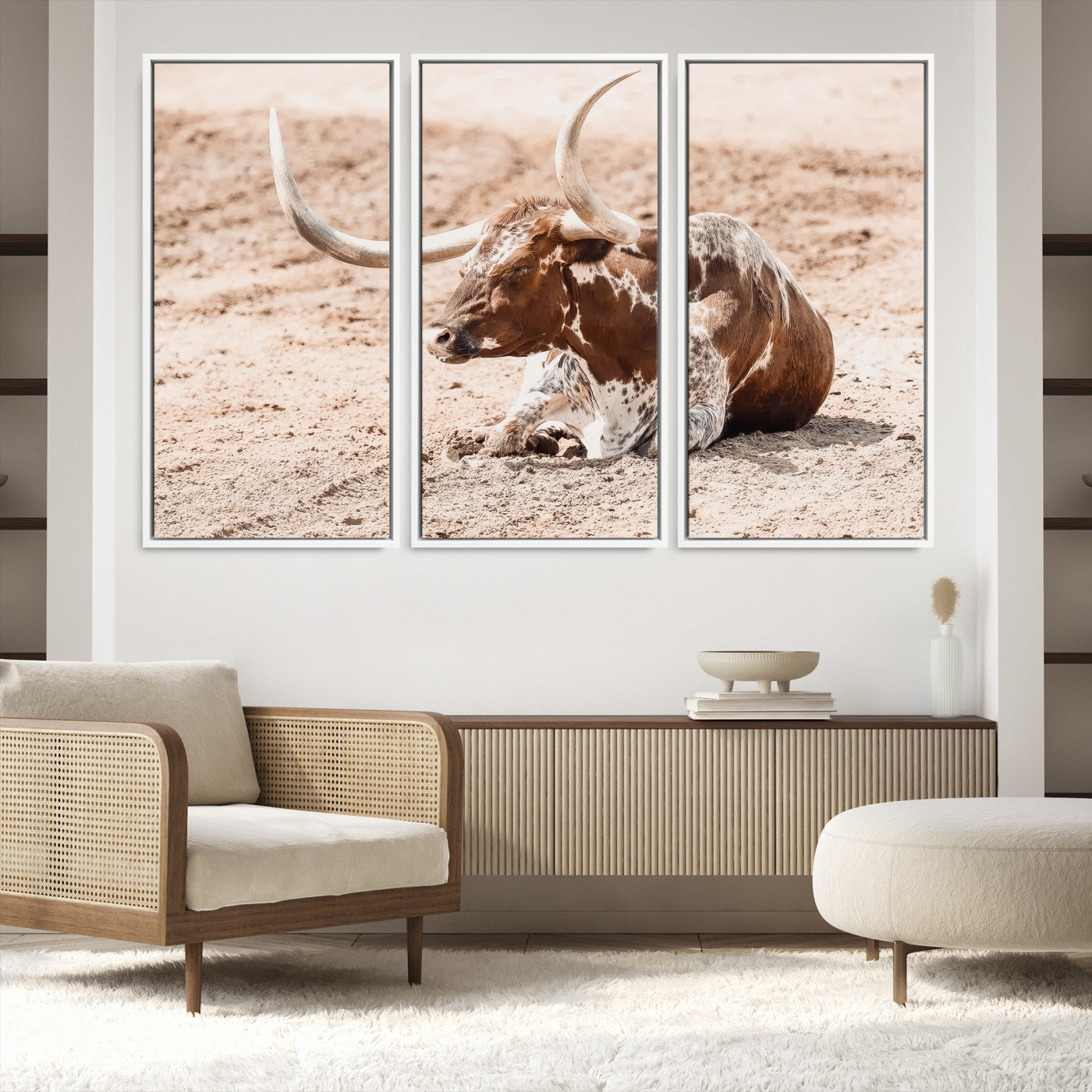 91248682-MGV-FC-48X32-3P-Texas Longhorn Wall Art Canvas Print, Framed Resting Bull Art Picture Print, Spotted Cattle Perfect Rustic Western Decor, Spotted Cattle