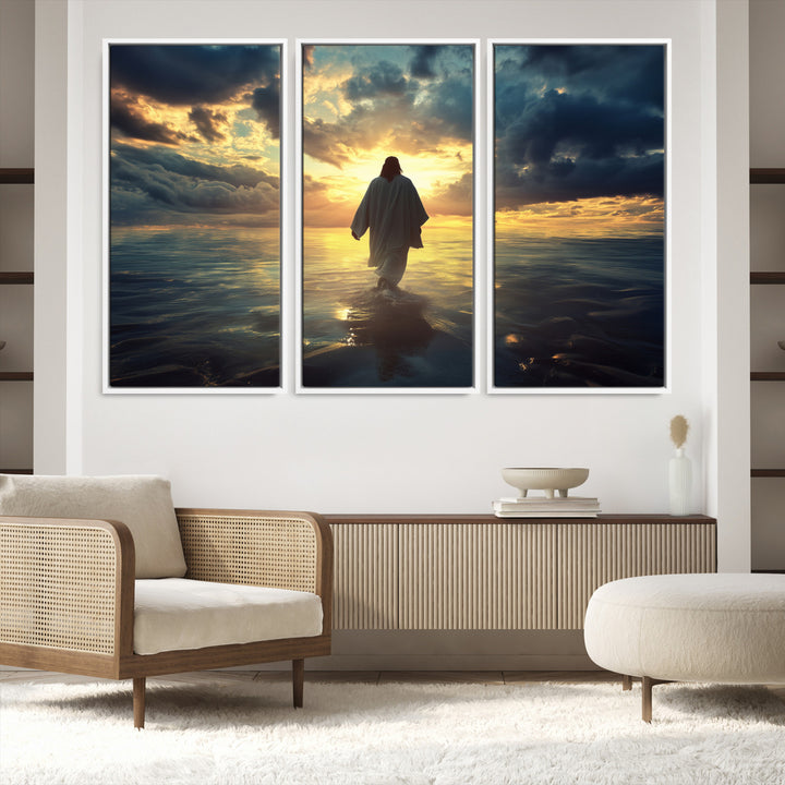 Jesus Walks Wall Art Canvas Print, Framed Divine Sunset Art Picture Print, Spiritual Light Perfect Spiritual Tranquil Decor Artwork