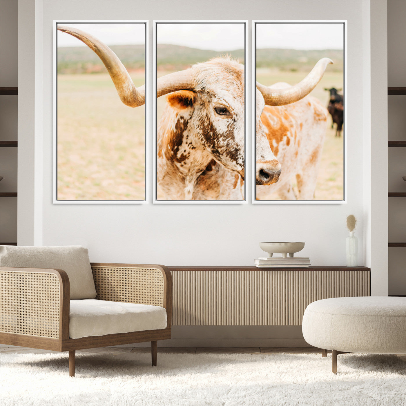 21060648-MGV-FC-48X32-3P-Texas Longhorn Wall Art Canvas Print, Framed Speckled Cow Art Picture Print, Rustic Bull Perfect Rustic Western Decor, Framed Speckled Cow