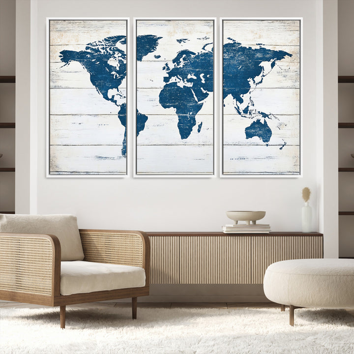 Rustic world map with blue continents on distressed wooden planks, perfect for coastal, explorer, or vintage-style wall decor.