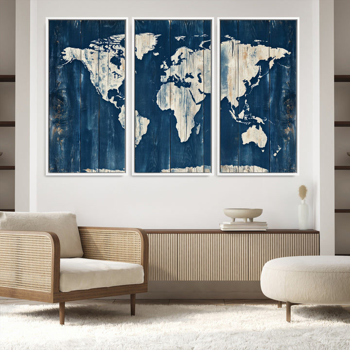 World Map Wall Art Canvas Print, Rustic Map Print, Framed Wooden World Map Art Print, Large Antique Map Decor Printing Perfect for Vintage Decor