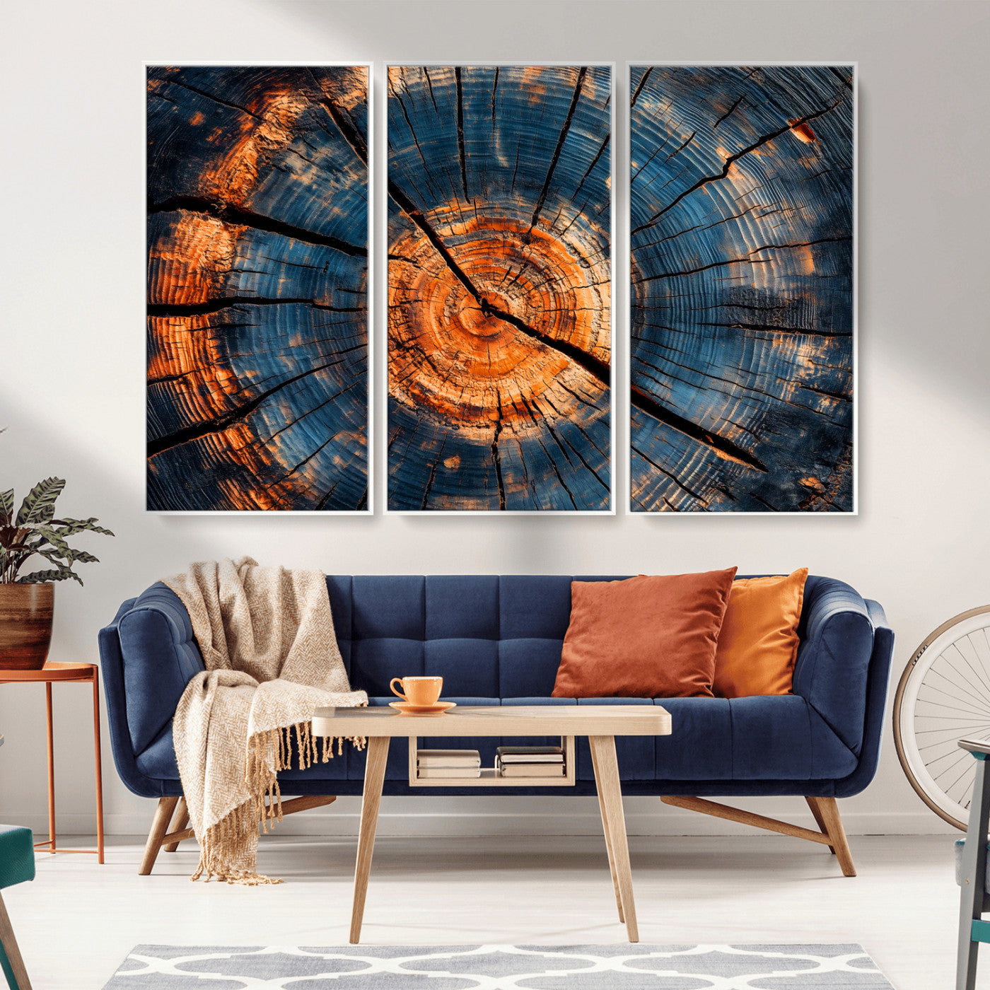 MGV-FC-48X32-3P - Burnt Wood Wall Art Canvas Print, Framed Aged Timber Art Picture Print, Rustic Tree Slice Perfect Rustic Decor Artwork