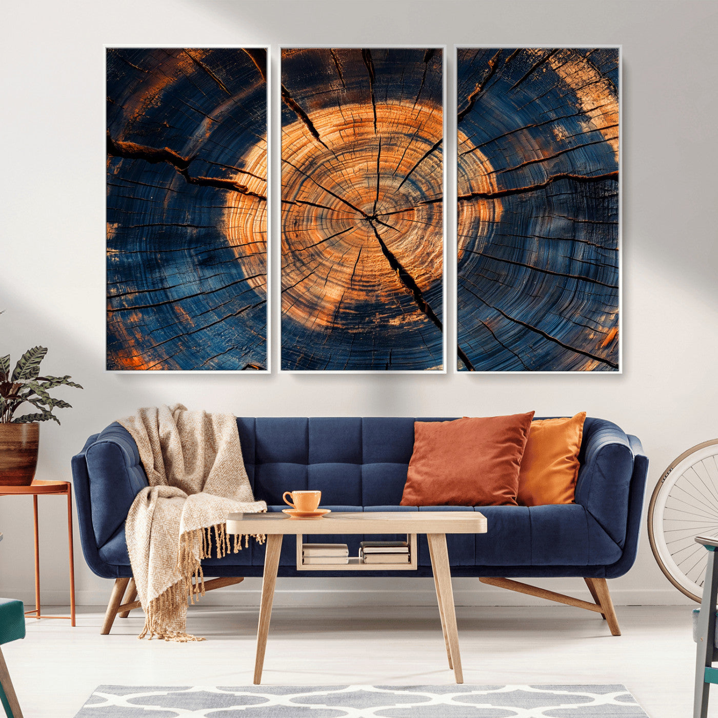 MGV-FC-48X32-3P - Burnt Wood Wall Art Canvas Print, Framed Aged Timber Art Picture Print, Rustic Tree Slice Perfect Rustic Decor Artwork