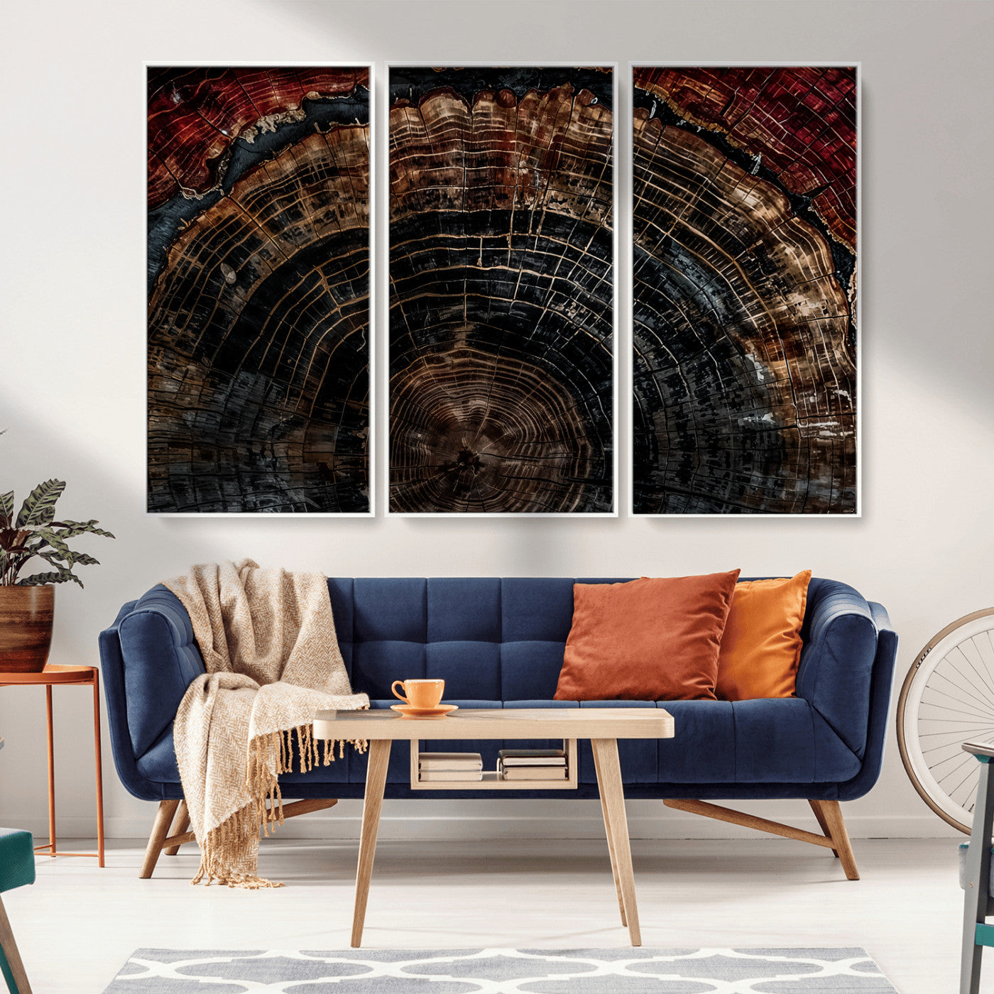 MGV-FC-48X32-3P - Dark Wood Ring Wall Art Canvas Print, Framed Abstract Wood Tree Art Picture Print, Rustic Tree Slice Perfect Rustic Decor Artwork