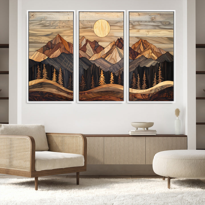 50100230-MGV-FC-48X32-3P_White-Wood Mountain Wall Art Canvas Print, Framed Boho Wood Art Print, Abstract Woodland Farmhouse Decor