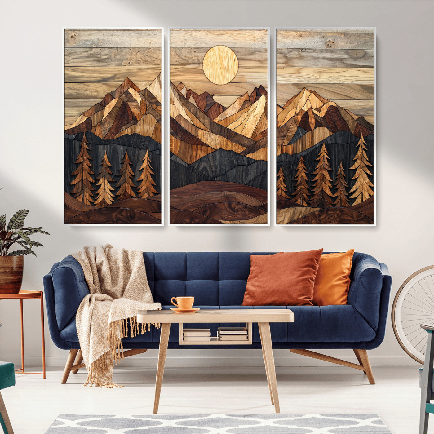 MGV-FC-48X32-3P - Wood Mountain Landscape Wall Art Canvas Print, Framed Sunset Hills Art Picture Print, Abstract Nature Perfect Boho Decor Artwork