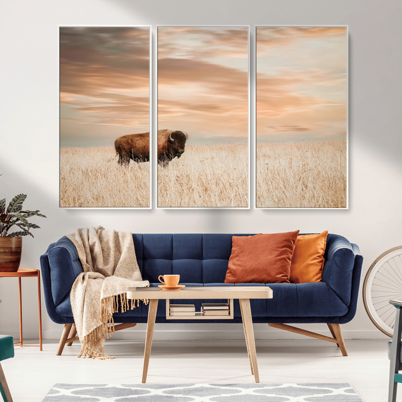 MGV-FC-48X32-3P - Bison Wall Art Canvas Print, Framed Buffalo Art Picture Print, Western Prairie Perfect Rustic Decor Artwork