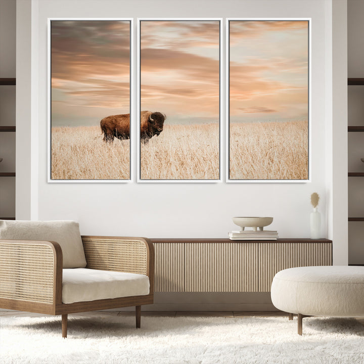 Bison Wall Art Canvas Print, Buffalo Print, Framed Western Prairie Art Print, Large Rustic Wildlife Printing Perfect for Rustic Decor