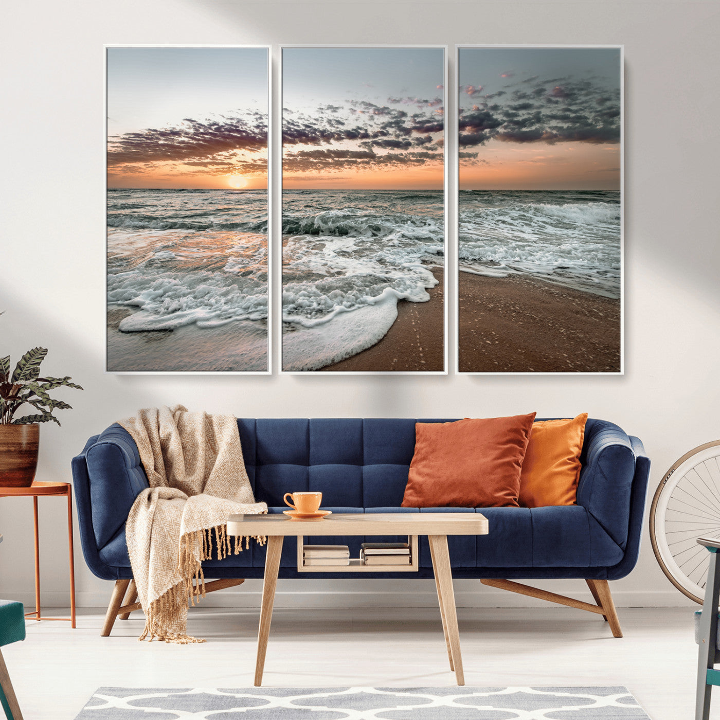 MGV-FC-48X32-3P - Ocean Sunset Wall Art Canvas Print, Framed Beach Waves Art Picture Print, Coastal Scene Perfect Coastal Decor Artwork