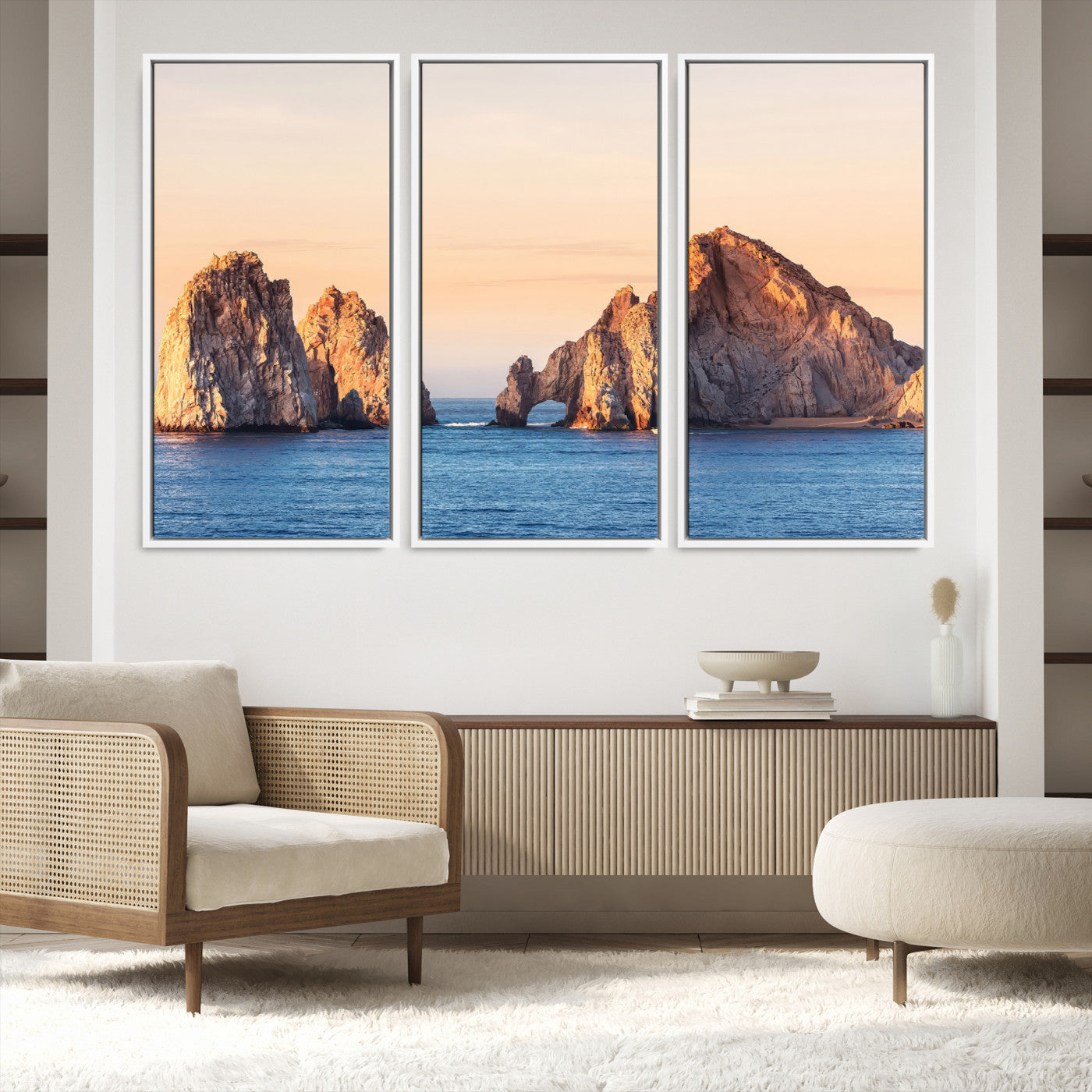 72996116-MGV-FC-48X32-3P-El Arco Wall Art Canvas Print, Framed Cabo Rocks Art Picture Print, Ocean Arch Perfect Golden Coastal Landmark Decor, The Arch Canvas Print