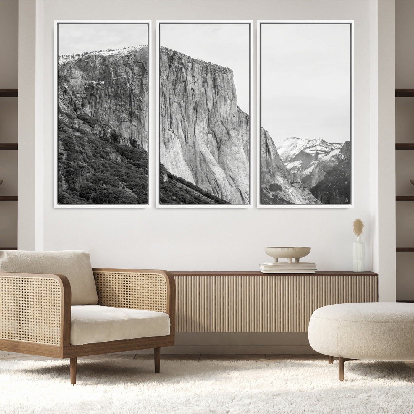 39393420-MGV-FC-48X32-3P-El Capitan Wall Art Canvas Print, Framed Yosemite Cliff Art Picture Print, Monochrome Mountain Perfect Monochrome Sierra Decor