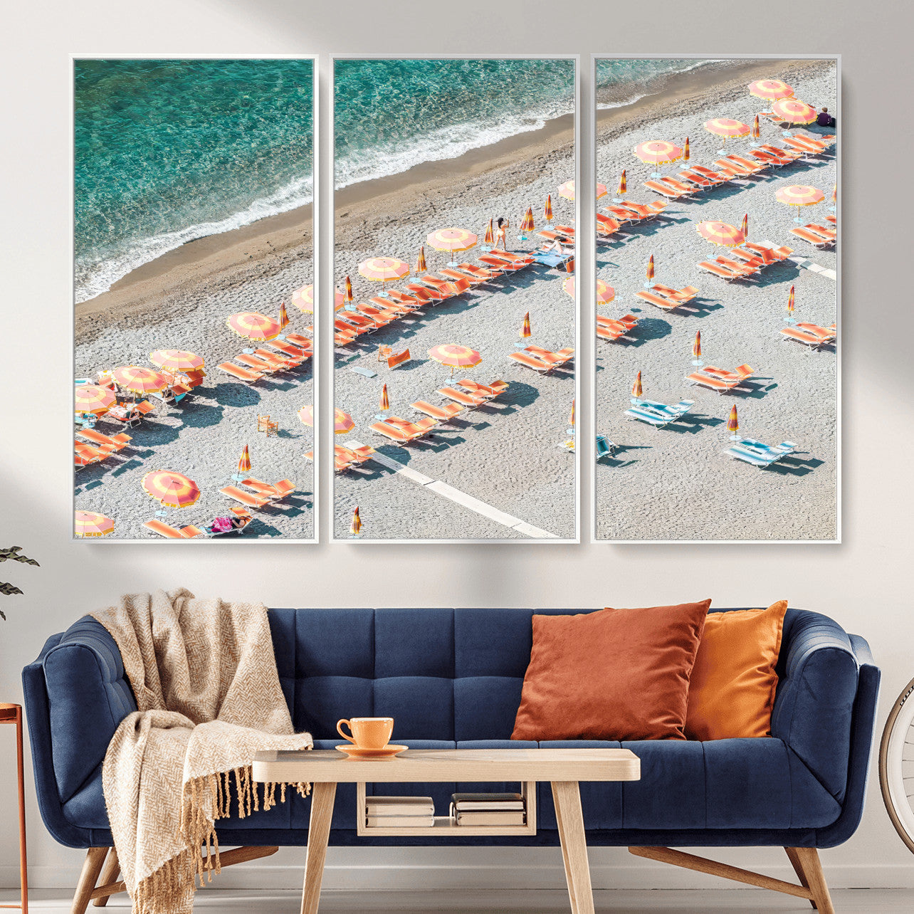 27805351-MGV-CV-36X24 - Beach Umbrellas Wall Art – Orange Loungers & Turquoise Water Canvas Print, Sandy Shore and Summer Vibes