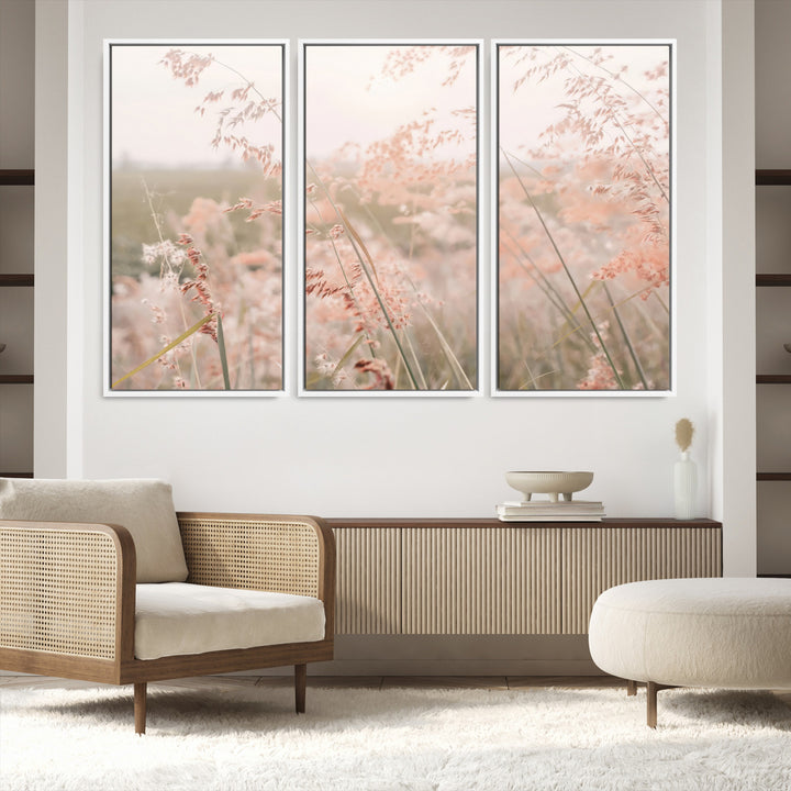 Pastel Grasses Wall Art Canvas Print, Soft Meadow Print, Framed Field in Breeze Art Print, Large Pink Meadow Printing Soft Pastel