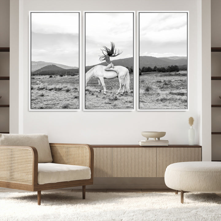 White Horse Wall Art Canvas Print, Woman Rider Print, Framed Equestrian Pose Art Print, Large Grazing Horse Printing Western Boho