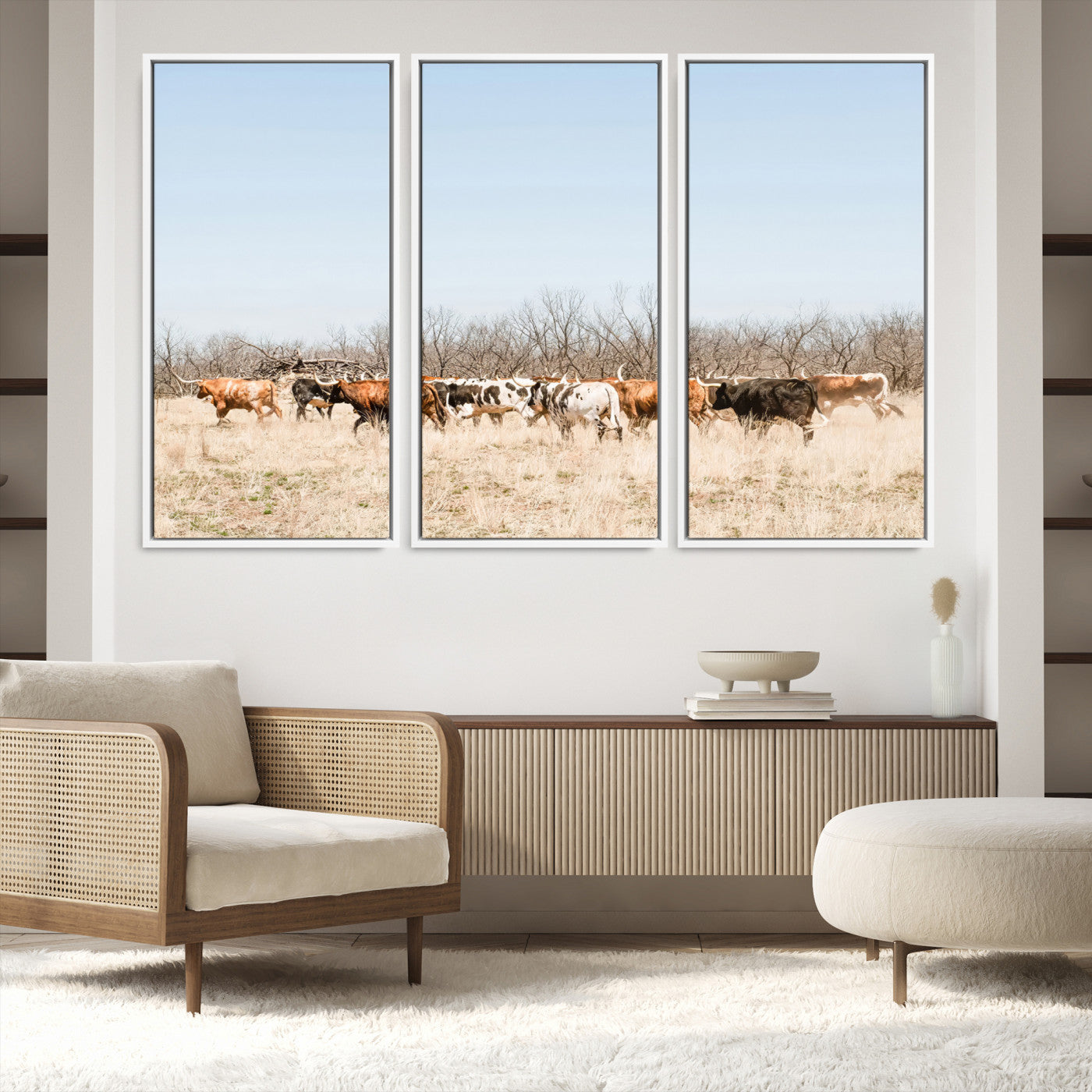 16563092-MGV-FC-48X32-3P_White-Texas Longhorns Wall Art Canvas Print, Western Cattles Print Wall Art, Framed Rustic Herd Art Print, Large Country Cows Printing Rustic