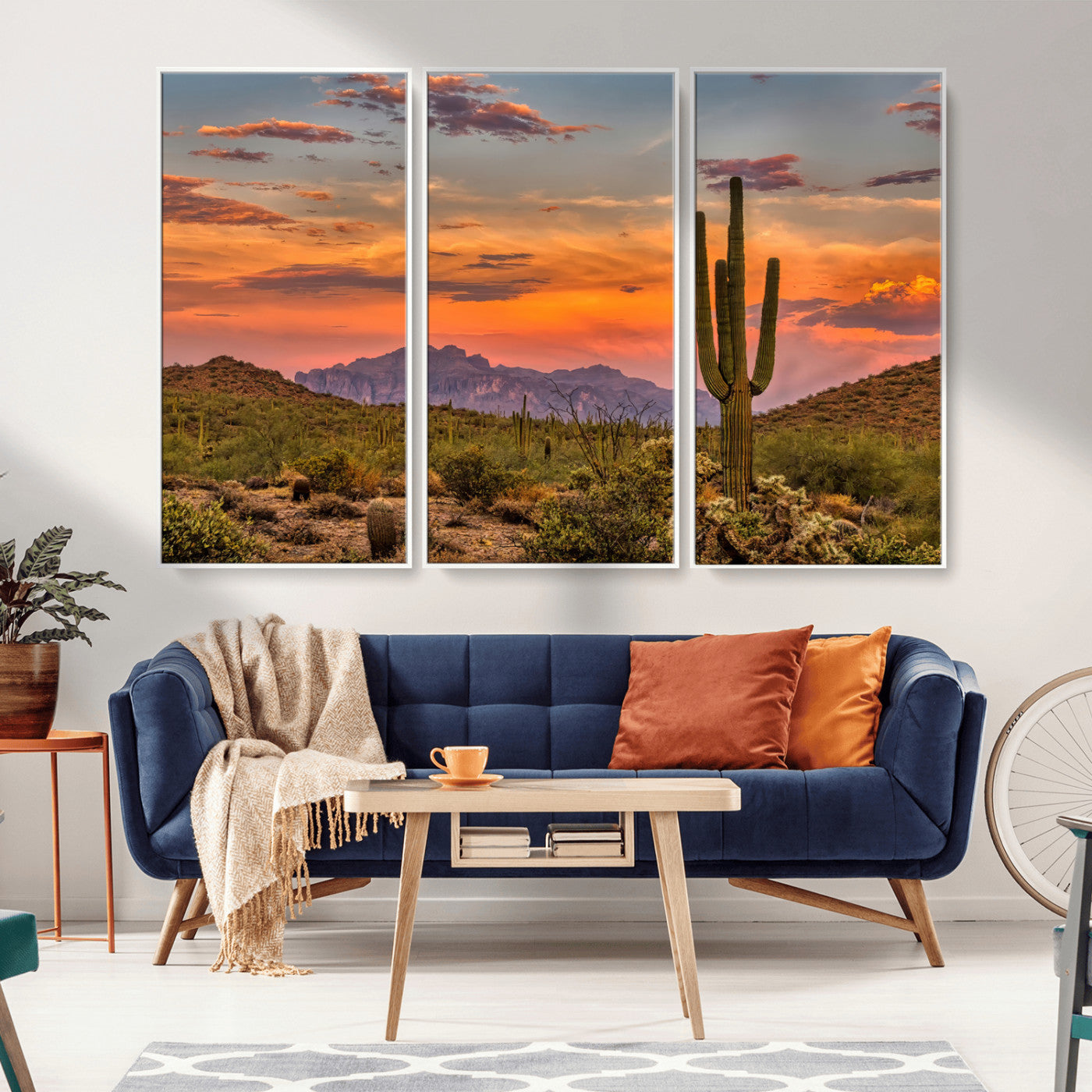 MGV-FC-48X32-3P - Saguaro Cactus Wall Art Canvas Print, Framed Arizona Sunset Art Picture Print, Sonoran Desert Perfect Southwestern Boho Decor Artwork