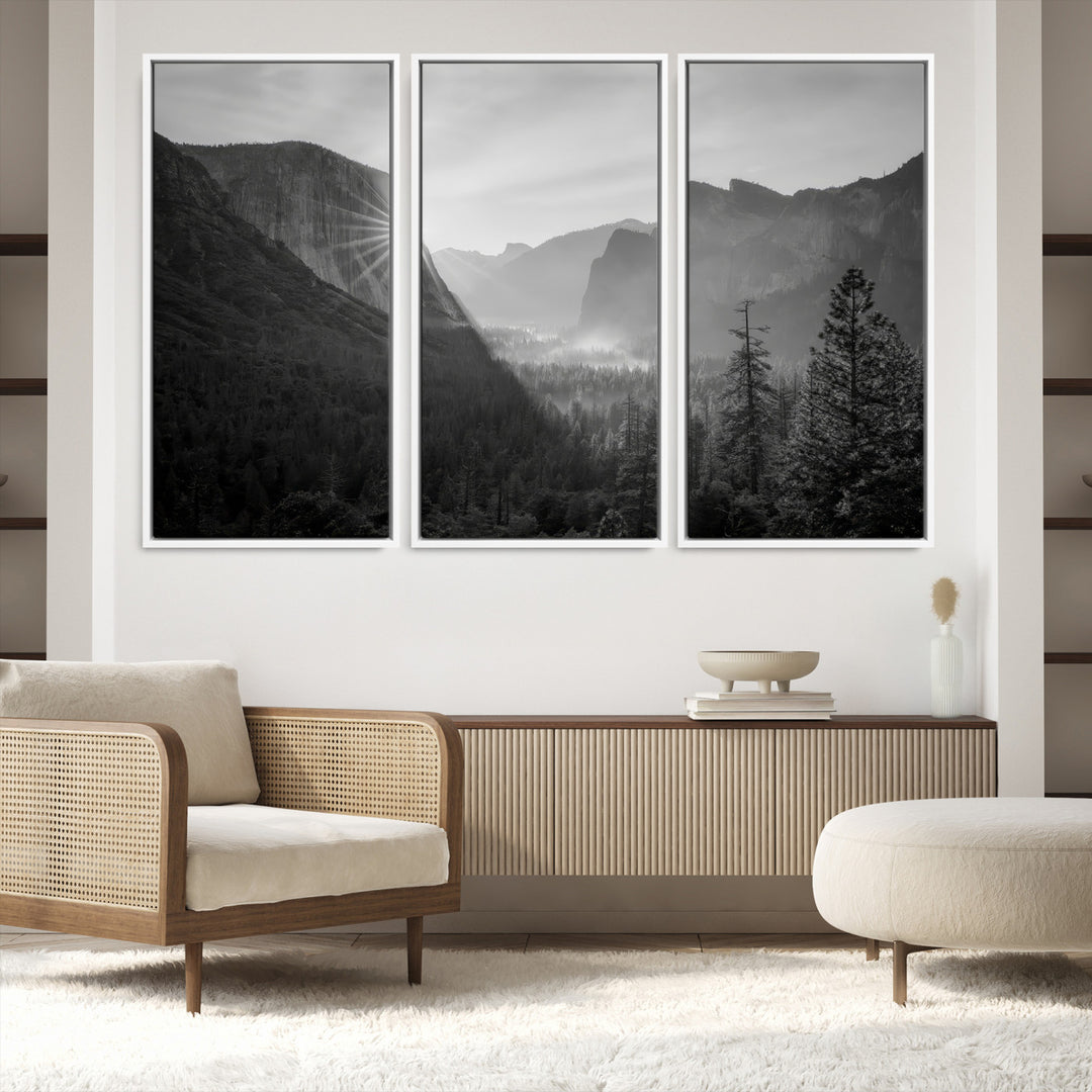 Yosemite Valley Wall Art Canvas Print, El Capitan Sunrise Print, Framed Misty Mountain Art Print, Large Monochrome Valley Printing