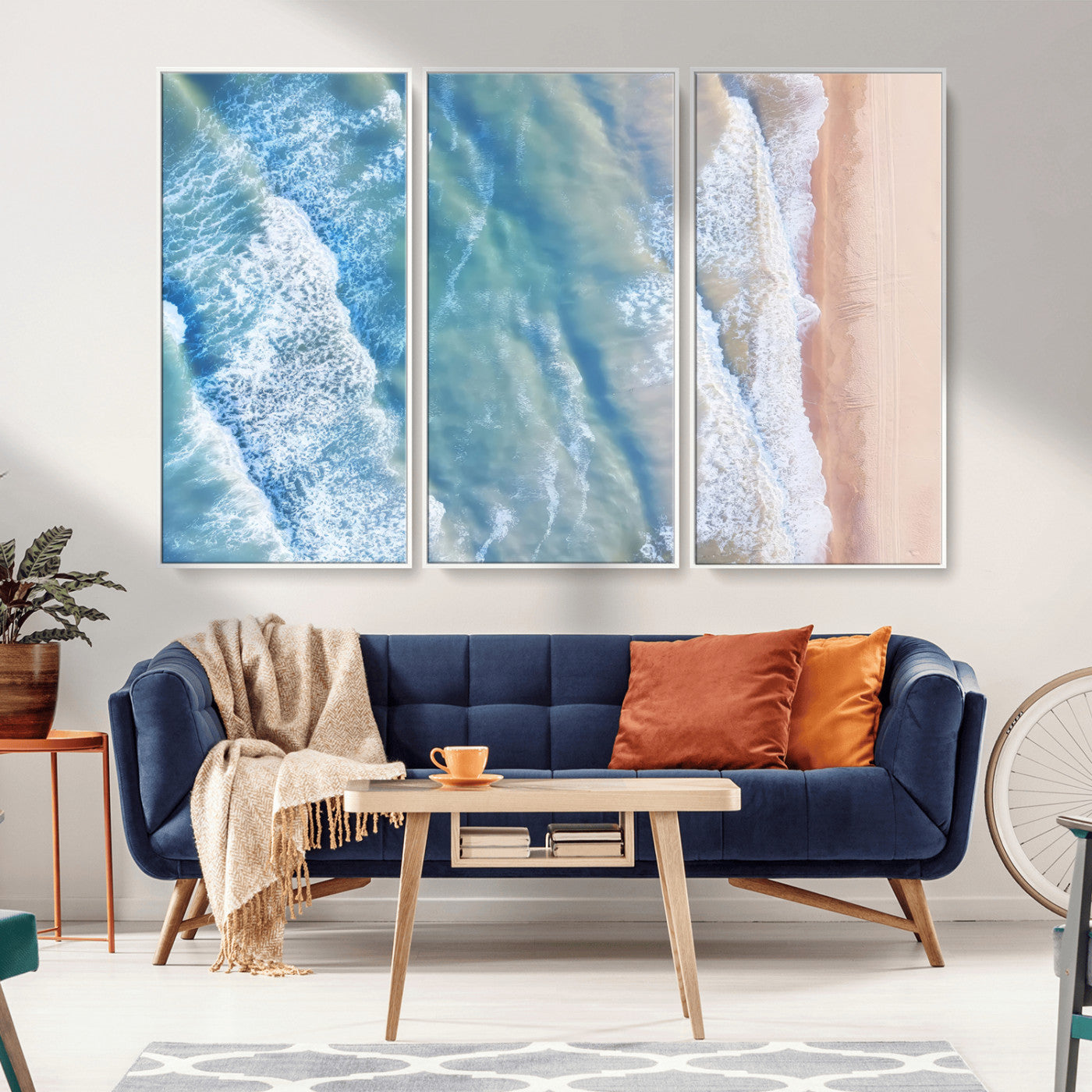 MGV-FC-48X32-3P - Aerial Ocean View Wall Art Canvas Print, Framed Soft Blue Waves Art Picture Print, Sandy Shoreline Perfect Modern Coastal Decor Artwork